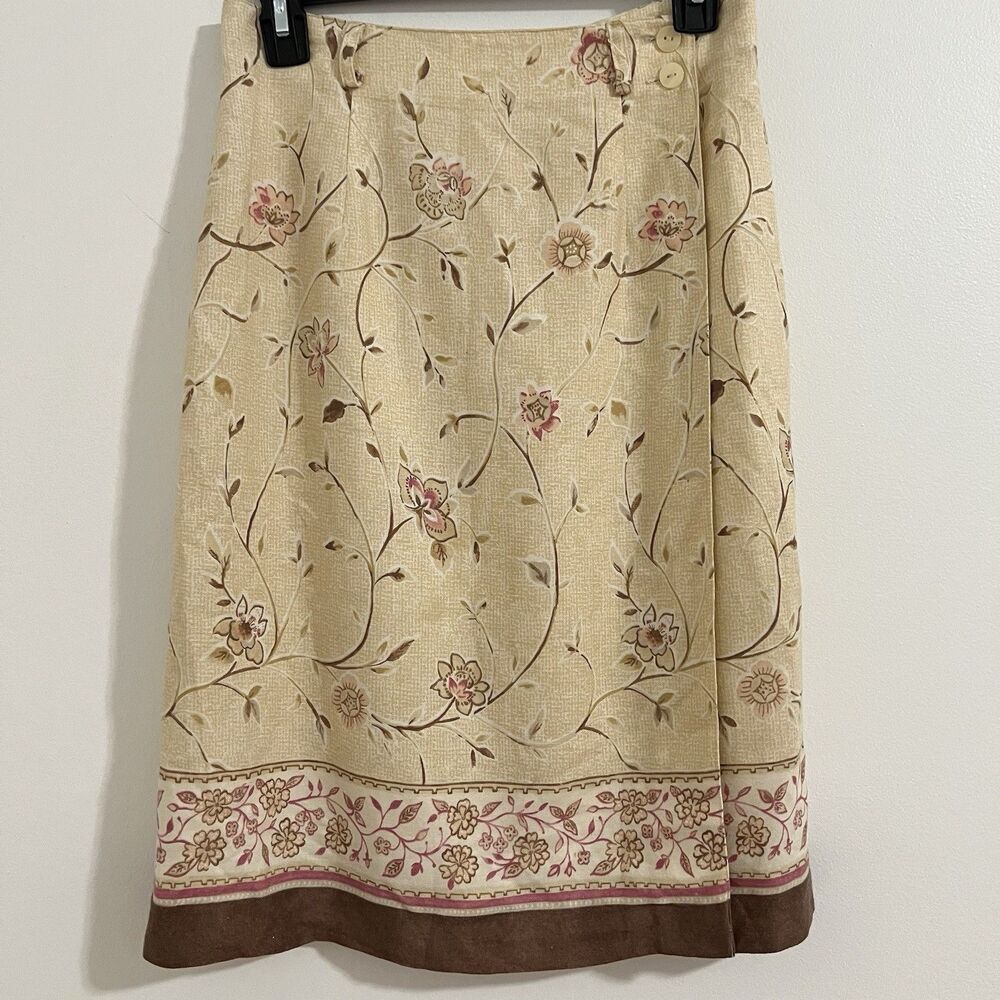 Talbots Wrap Skirt Women's 6 Beige Floral Linen Blend Prairie Boho Cottahe Midi
